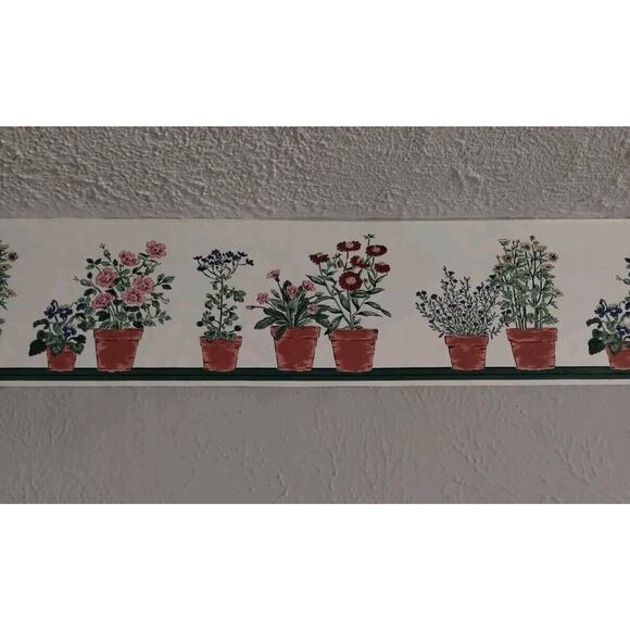 7" YORK Wall Border - Flower Pots - Cream Green Pink Blue Flower - 5 yds - Picture 3 of 6